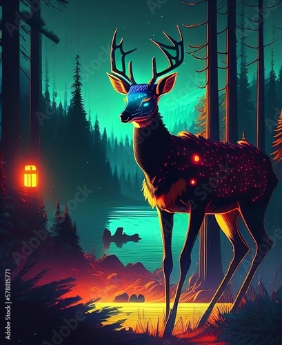 cyberpunk deer in a pine forest photo