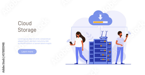 Cloud technology illustration concept. People exchanging files via Internet. Cloud service, online data storage and transfer, information backup. Modern flat vector illustration.