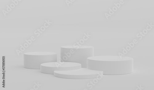 White Geometric Round Podium Platform Studio Scene Stand Gray Grey Background Show Cosmetic Bottle Beauty Products Five Stage Showcase On Pedestal Display Workshop Mockup Realistic 3D Illustration