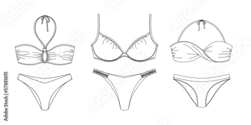  Woman sustainable swimwear  technical drawing  template  sketch  flat  mock up. Recycled PA  Recycled PES  Lycra fabric swimwear front view  white color 