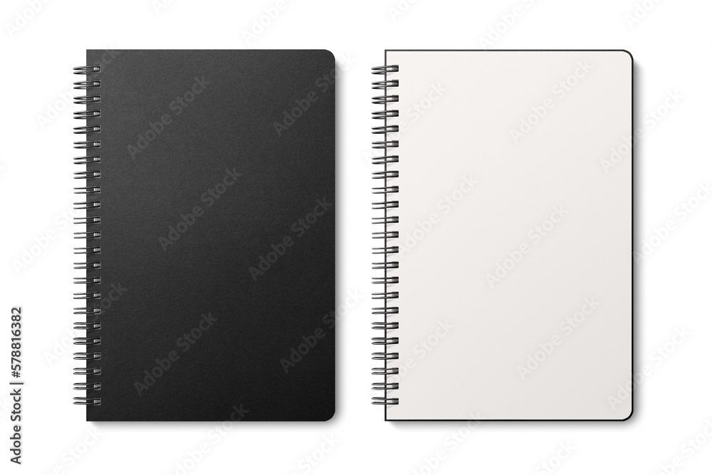 Spiral bound notebook mockup template with black paper cover isolated on a transparent background, PNG. High resolution. Spiral bound notebook mockup template with black paper cover isolated on a transparent background, PNG. High resolution.