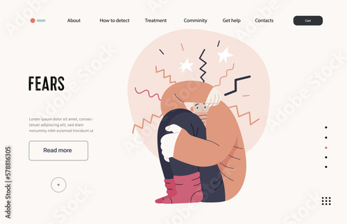 Mental disorders web template. Fears- modern flat vector illustration of woman dreading nervous, bracing herself meeting with stress experience. People emotional, psychological, mental traumas concept