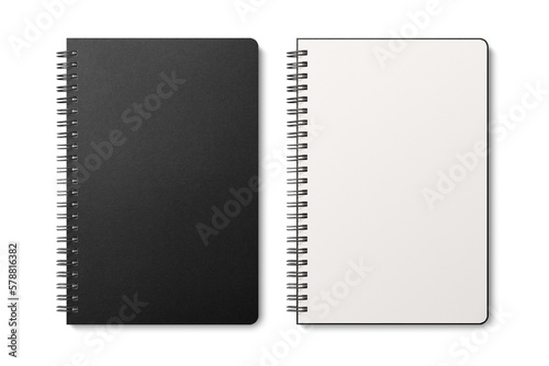 Spiral bound notebook mockup template with black paper cover isolated on a transparent background, PNG. High resolution.