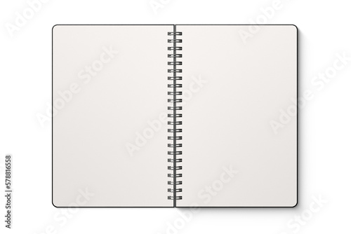 Spiral bound notebook mockup template with black paper cover isolated on a transparent background, PNG. High resolution.