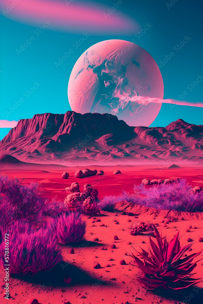 Vaporwave Mars landscape, Vintage style illustration, Generative AI