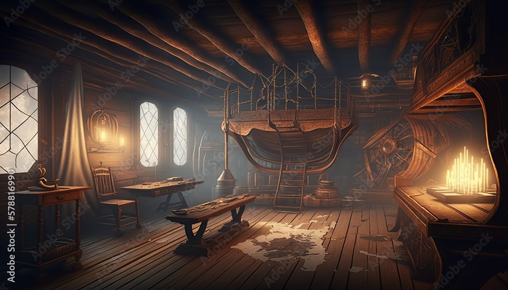 Pirate ship deck interior with nautical equipment concept design ...