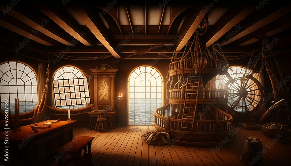 Pirate ship deck interior with nautical equipment concept design ...