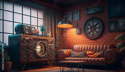 Futuristic sci-fi home interior with brick and metal walls and bright window lights and a retrofuturistic raypunk television screen generative ai photo