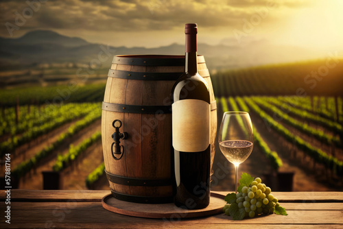 Photorealistic Glass of White Wine during golden hour on a rustic background and beautiful vineyards. Horizontal illustration. Generative AI photo