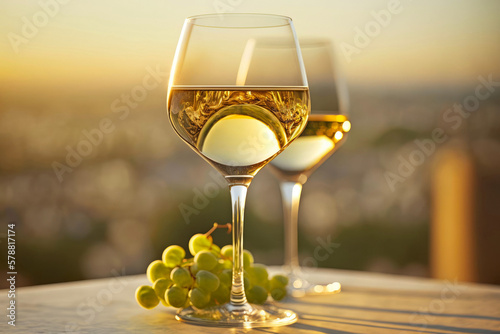 Two glasses of white wine with a bunch of grapes on a table overlooking the summer city during golden hour. Horizontal illustration. Generative AI photo