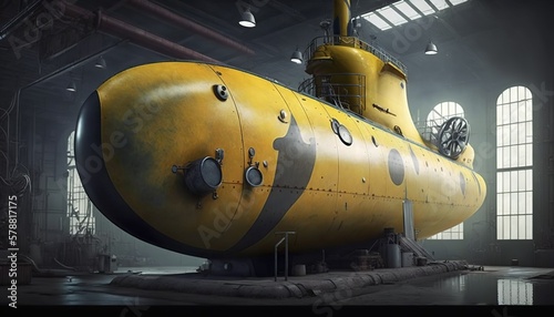 Yellow submarine in dry dock exterior concept design generative ai 