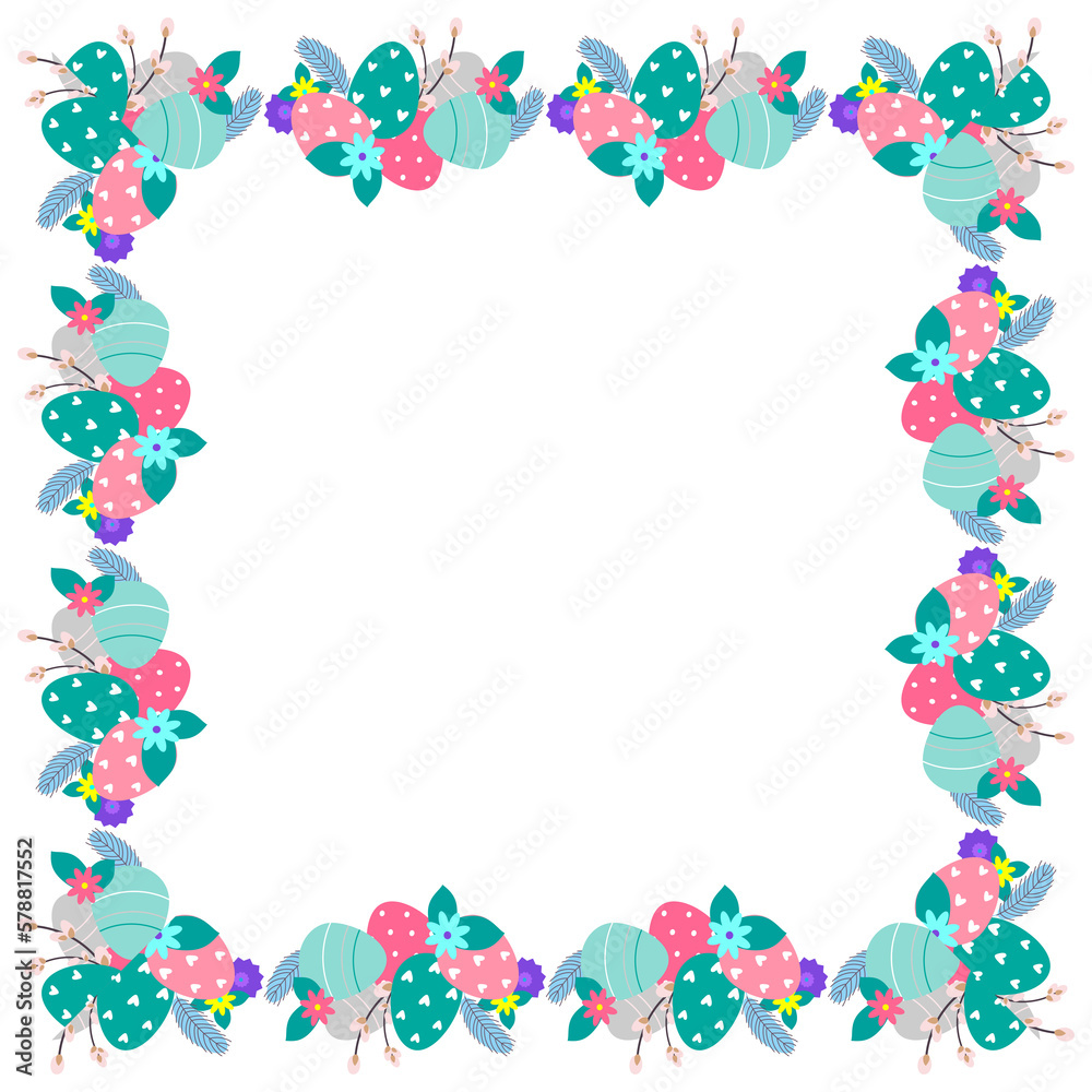 Easter flower wreath . Easter frame with decorated eggs and flowers and symbols of bright Easter Easter flower wreath . Easter frame with decorated eggs and flowers and symbols of bright Easter