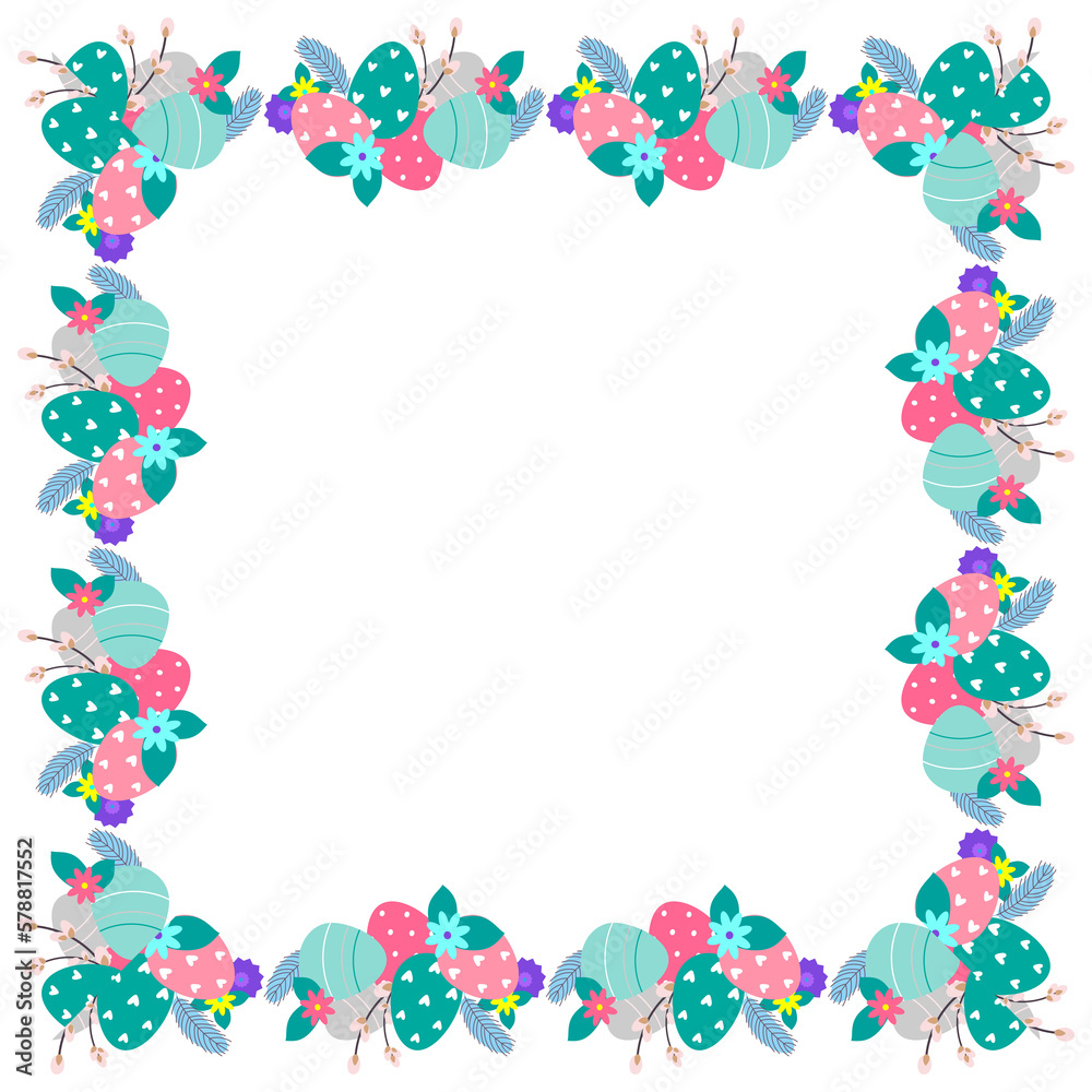 Easter flower wreath . Easter frame with decorated eggs and flowers and symbols of bright Easter