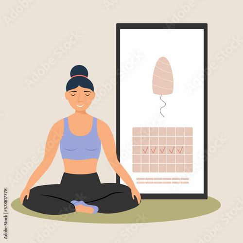Girl sitting in lotus position, women's health care, menstruation calendar app