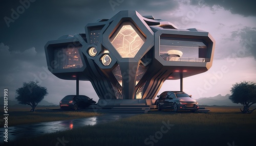 Neo-futuristic house with volumetric lightings and unreal engine from the future