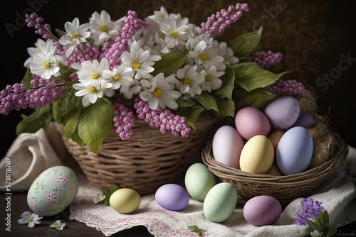 Easter eggs and spring flowers in baskets - Generative Ai