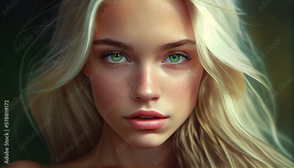 Portrait of a woman, beautiful green eyed Scandinavian blonde. AI generated. Portrait of a woman, beautiful green eyed Scandinavian blonde. AI generated.