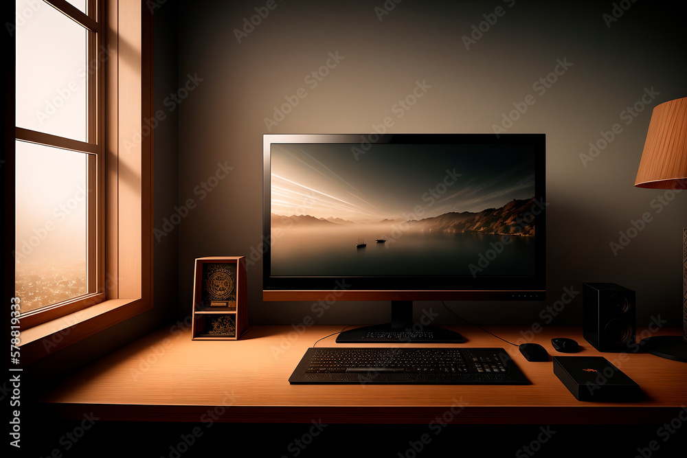 Fototapeta premium monitor on computer table. Generative AI