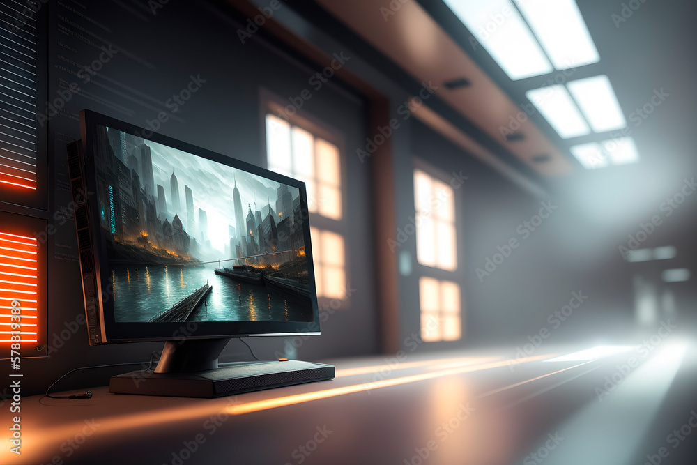 Fototapeta premium monitor on computer table. Generative AI