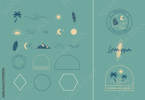 Set of Modern Retro Summer Vintage Hand Drawn Logo Elements. Vector Design for Business Signs, Branding Identities, Labels, Icons and Web.