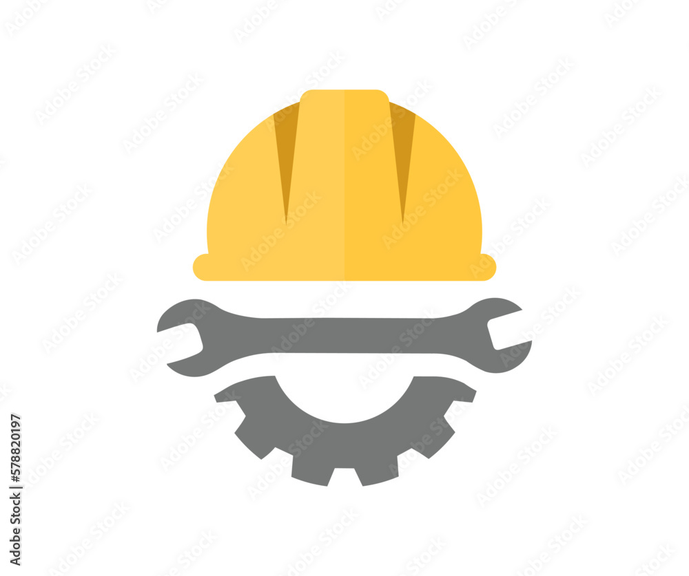 Helmet, wrench and gear logo design. Safety and protection, engineer. Workwear, helmet construction and cogwheel vector design and illustration. Helmet, wrench and gear logo design. Safety and protection, engineer. Workwear, helmet construction and cogwheel vector design and illustration.