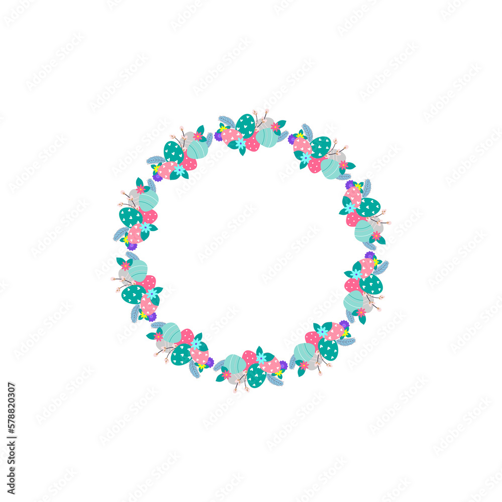 Easter flower wreath . Easter frame with decorated eggs and flowers and symbols of bright Easter Easter flower wreath . Easter frame with decorated eggs and flowers and symbols of bright Easter