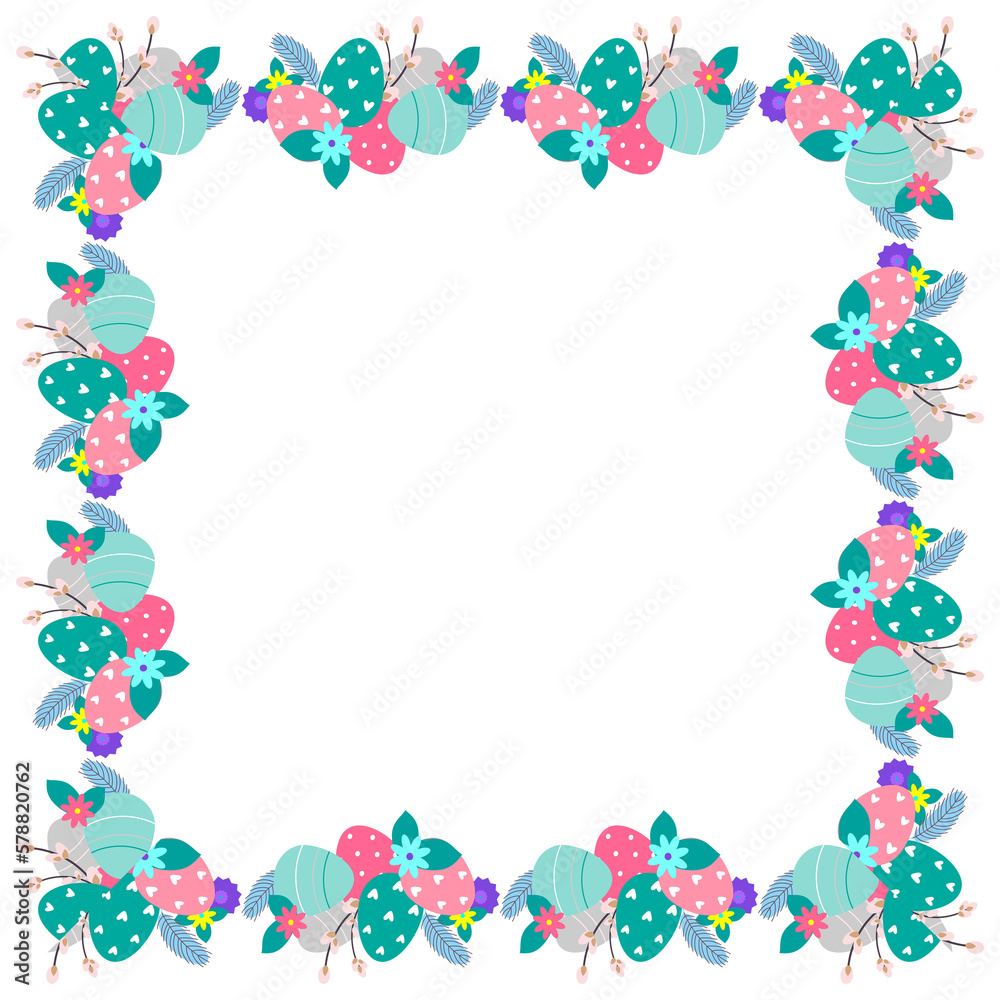Easter flower wreath . Easter frame with decorated eggs and flowers and symbols of bright Easter Easter flower wreath . Easter frame with decorated eggs and flowers and symbols of bright Easter