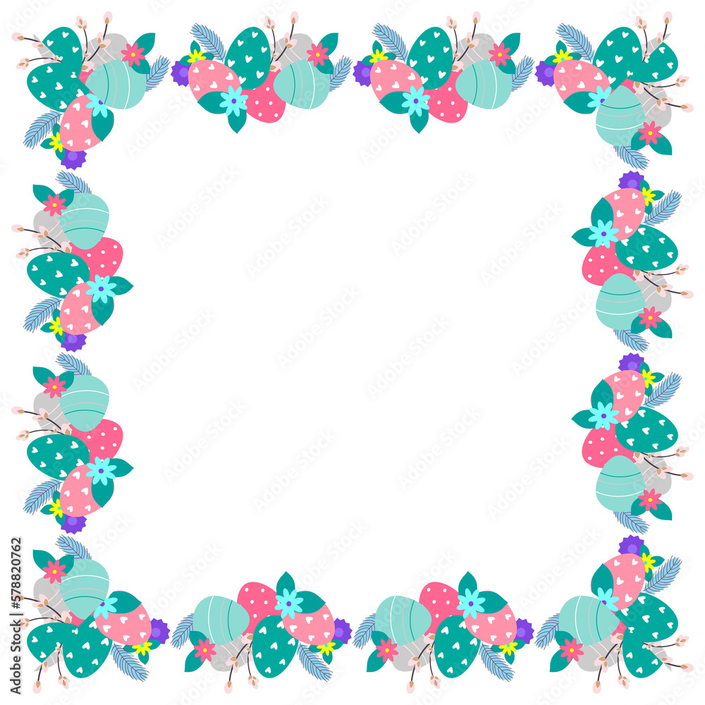 Easter flower wreath . Easter frame with decorated eggs and flowers and symbols of bright Easter