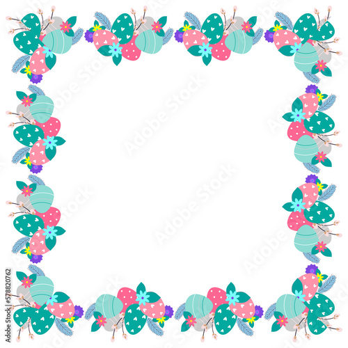 Easter flower wreath . Easter frame with decorated eggs and flowers and symbols of bright Easter © Tatyana Olina