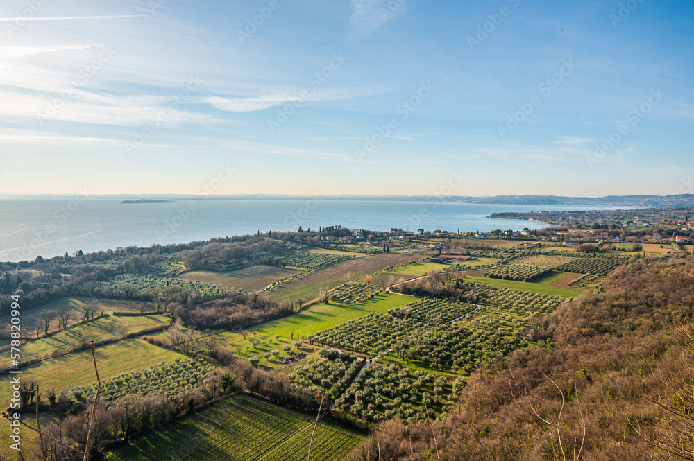 Aerial view of the Lake Garda with Sirmione and Desenzano in bachground