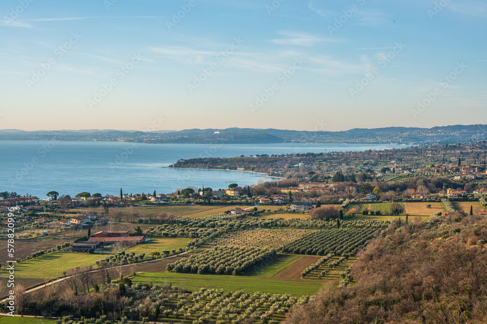Fototapeta premium Aerial view of the Lake Garda with Sirmione and Desenzano in bachground