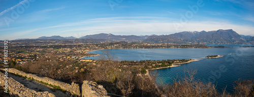 Extra wide angle view of the Lake Garda from the fortress of Manerba