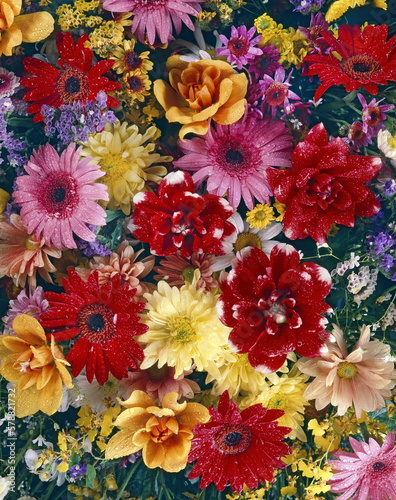 bouquet texture of diverse and colorful flowers seen from above