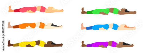 Flexibility yoga poses collection. European, African, Asian female, lady, woman, girl. Pilates, mental health, training, gym. Vector illustration in cartoon flat style isolated on white background.