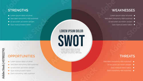 SWOT analysis template for strategic company planning. Four colorful elements with space for text inside. Modern Infographic design template. Vector illustration