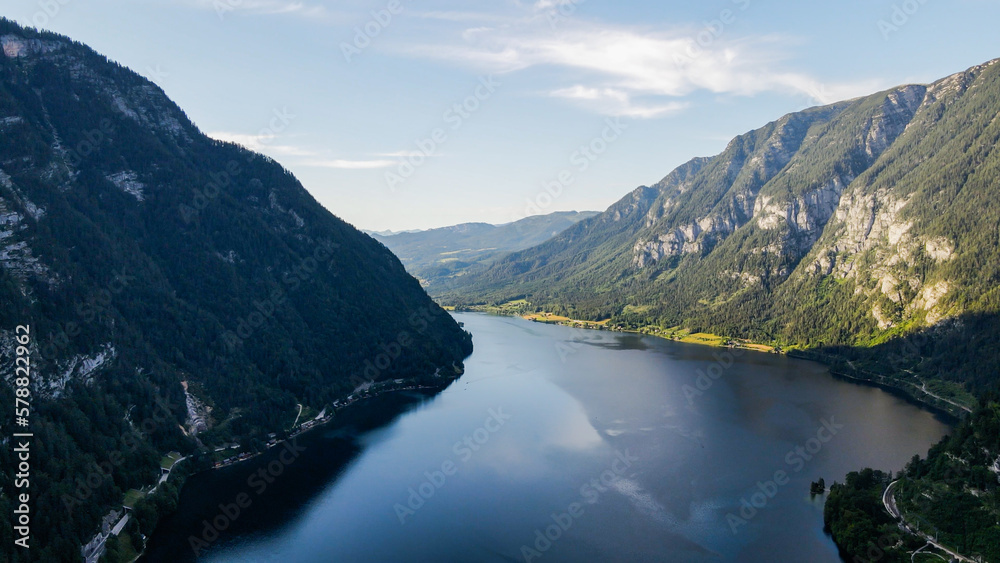 Panorama view of Hallstattersee lake and mountain in daylight. Landscape view Hallstatt