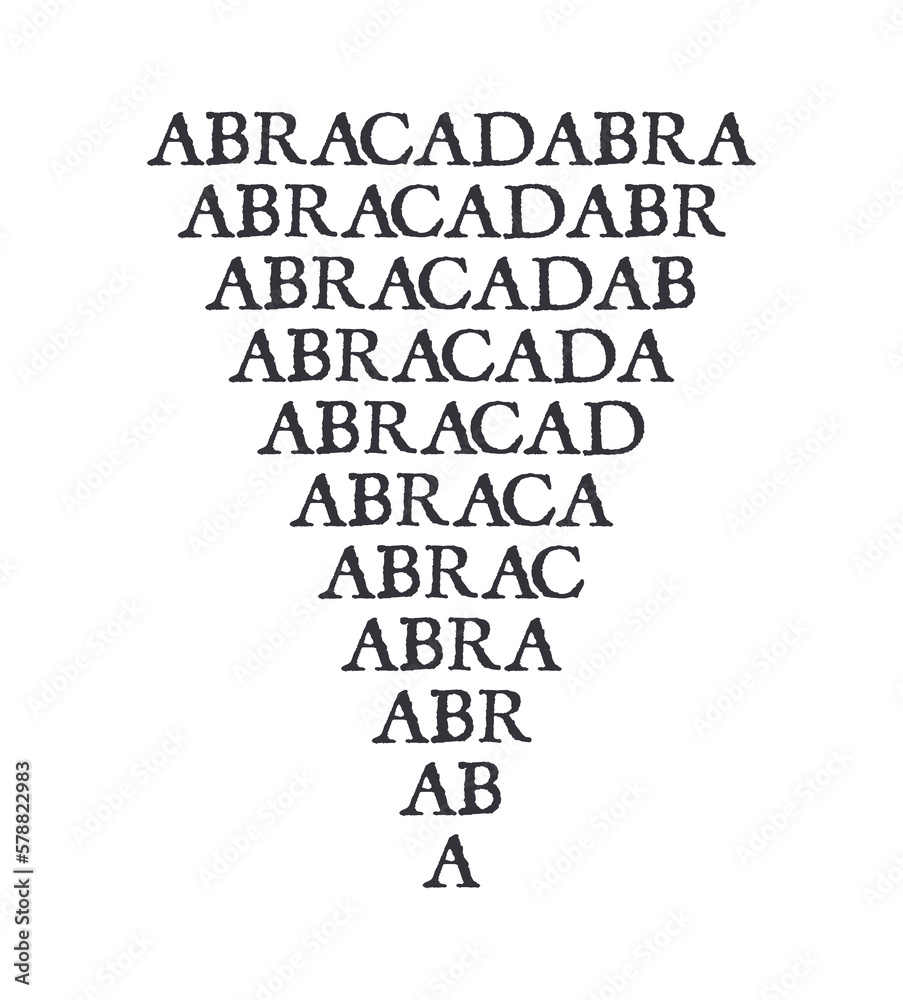 The magic triangle created by repeating the word Abracadabra (protective magic, talisman). Black text message on a transparent background.
