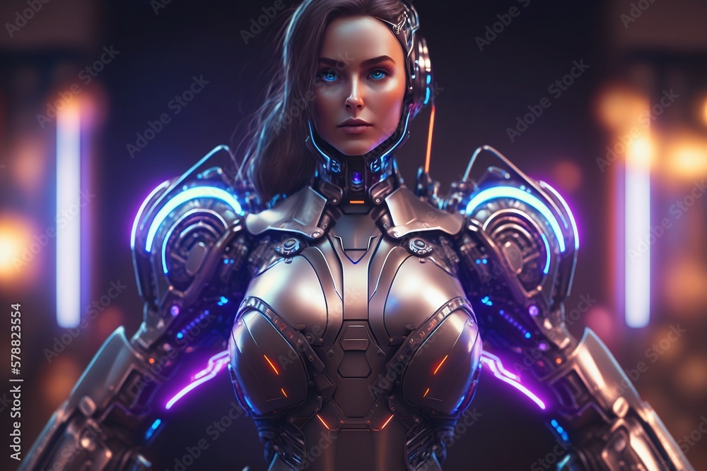 Smooth female robot portrait with neon lights. Generative AI. Smooth female robot portrait with neon lights. Generative AI.
