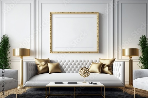 Luxury living room mockup with frame for wall art. Generative AI.
