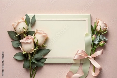 Rose banner on pastel background with ribbon. Wide empty space in the middle. Generative AI.