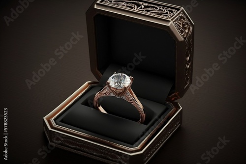 Luxury diamond ring in gift box. Generative AI.