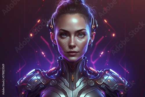 Smooth female robot portrait with neon lights. Generative AI.