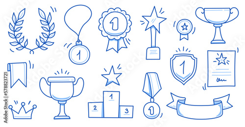 Award doodle hand drawn trophy set. Winner award cup, champion medal, win certificate. Hand drawn doodle sketch style champion, victory, success elements. Vector illustration