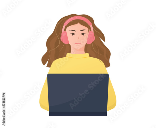 attractive woman with headphone and laptop, listening music, online call center, customer service, remote work and education- vector illustration photo