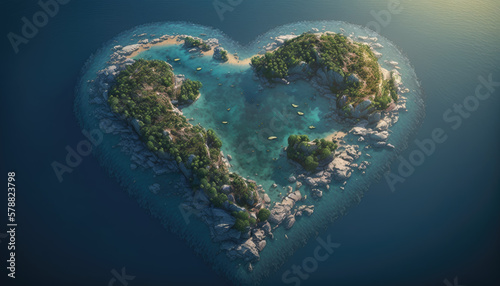 Island in the ocean in the shape of a heart created with generative AI technology