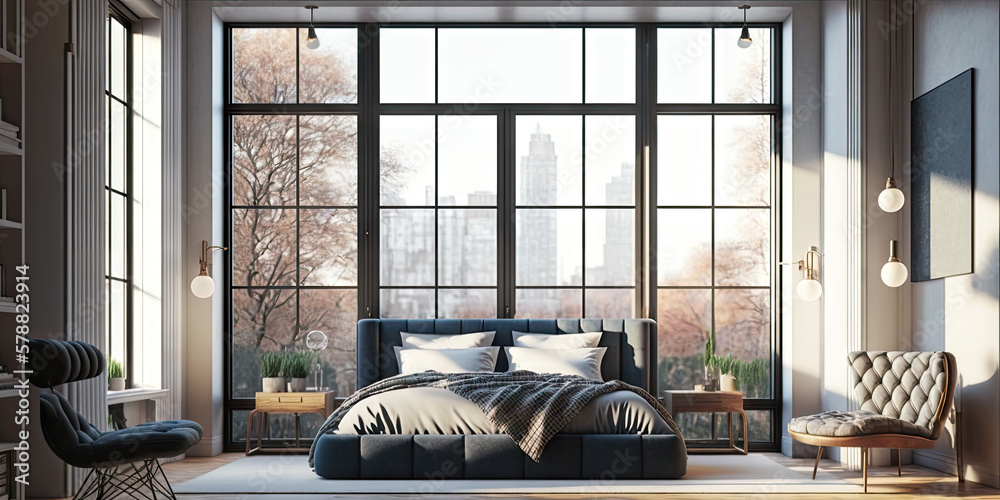 Fototapeta premium Modern open-plan bedroom, large windows, 3d render, generative ai
