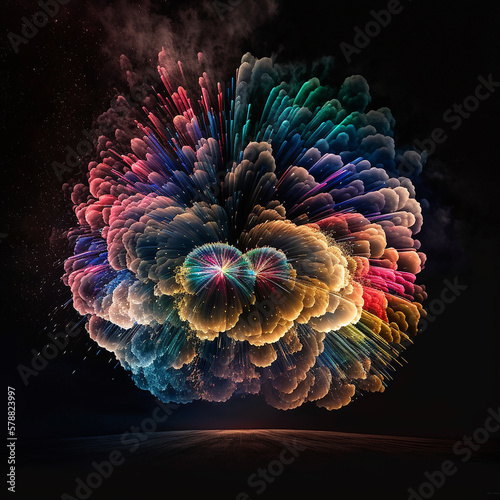 Illustration of colorful fireworks in the dark sky. Generative AI.