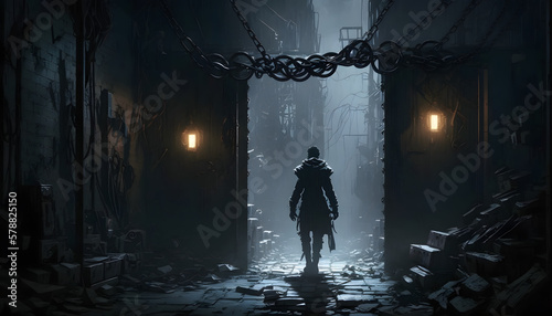 A dark alley with chains of steel on the floor at night with a shadowy figure lurking in the background.
