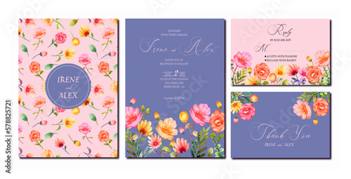 A colorful wedding invitation with pink flowers and a pink background.
