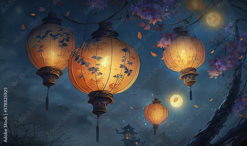 a painting of lanterns hanging from a tree in the night. generative ai a painting of lanterns hanging from a tree in the night. generative ai